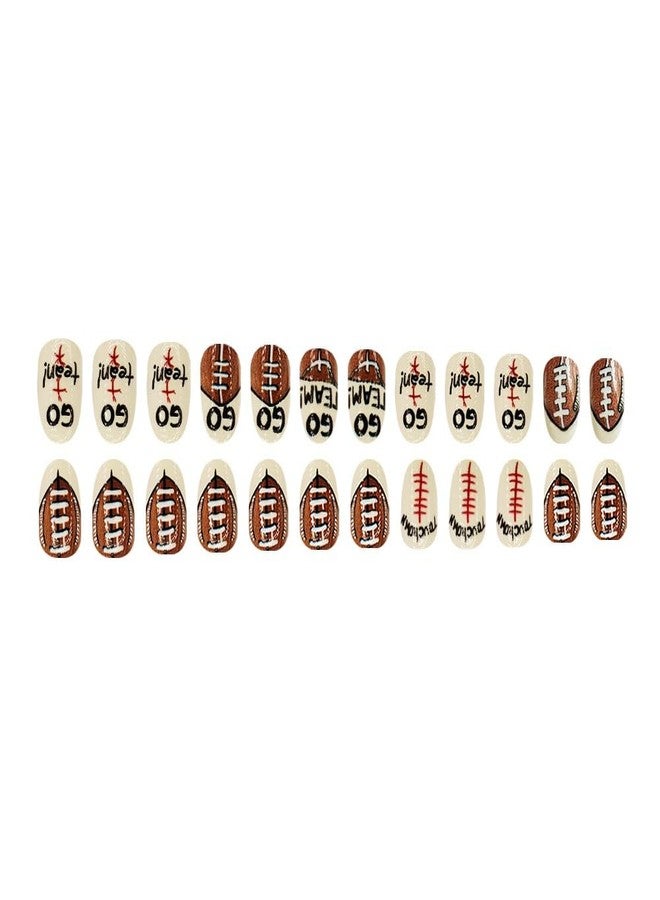 HJKDSFD Cute Rugby Press on Nails Short Oval Fake Nails Glossy Football Designs Acrylic False Nails Full Cover Holiday Stick on Nail French Short Glue on Nails for Women Girls 24Pcs - Image 4